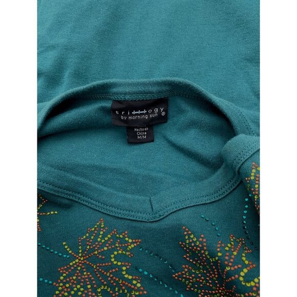 Teal Green Embellished Leaf Pattern 3/4 Sleeve Top Trilogy By Morning Sun M - Picture 5 of 8